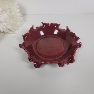 Vintage Mid Century Maroon Ruffled Edge Pottery AshTray , Trinket Dish 6.5